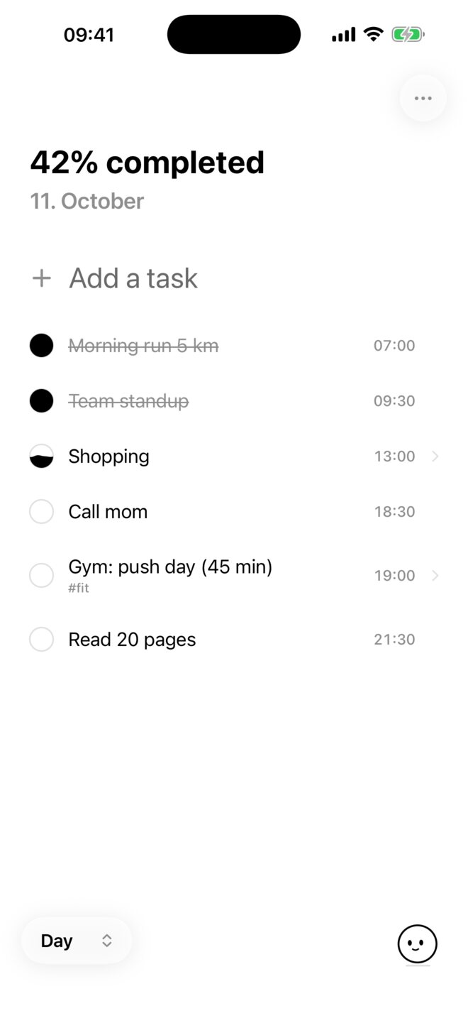 Today's tasks with times and a half-filled shopping list.